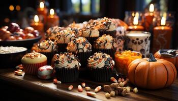 ai gegenereerd eigengemaakt spookachtig cupcakes versieren halloween partij tafel gegenereerd door ai foto