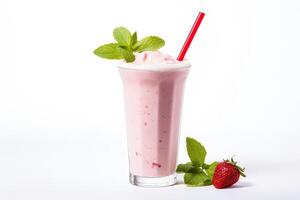 ai gegenereerd aardbei milkshake dichtbij omhoog foto