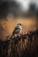 ai gegenereerd een klein vogel neergestreken Aan top van een met weerhaken draad hek foto