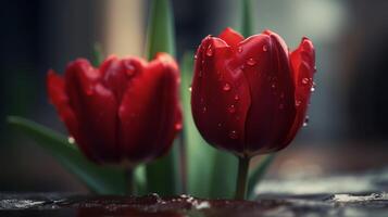 ai gegenereerd twee rood tulpen met een wazig achtergrond foto