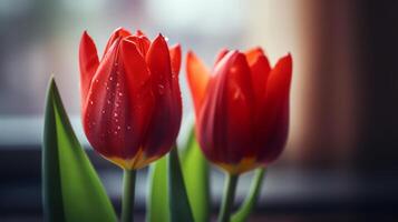 ai gegenereerd twee rood tulpen met een wazig achtergrond foto