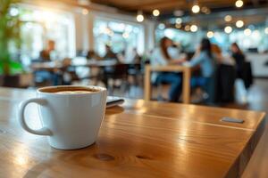 ai gegenereerd kop van koffie Aan de tafel in de kantoor in de achtergrond met kantoor arbeiders. foto