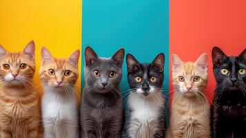 ai gegenereerd aanbiddelijk kittens in de rij gaan staan tegen een warm kleurrijk achtergrond. foto