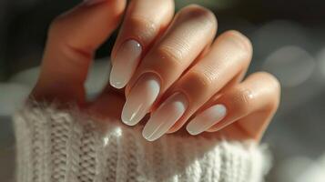 ai gegenereerd elegant Frans ombre manicure Aan mooi vrouwelijk hand. foto