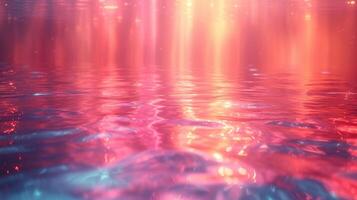 ai gegenereerd rood en roze licht reflecties dansen Aan water oppervlakte foto