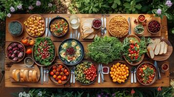 ai gegenereerd kleurrijk van boer tot bord feest Aan rustiek houten tafel foto