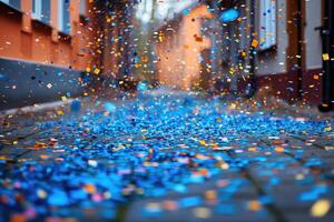 ai gegenereerd papieren confetti vallend in de helder blauw lucht professioneel fotografie achtergrond foto