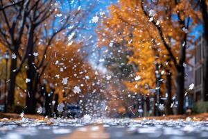 ai gegenereerd bloemblad bloemen confetti vallend van een helder blauw lucht Aan een herfst of voorjaar professioneel fotografie foto