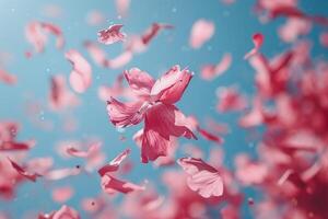 ai gegenereerd bloemblad bloemen confetti vallend van een helder blauw lucht Aan een herfst of voorjaar professioneel fotografie foto