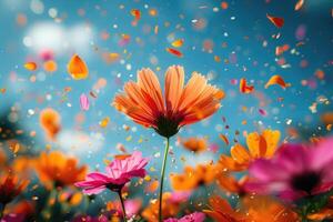 ai gegenereerd bloemblad bloemen confetti vallend van een helder blauw lucht Aan een herfst of voorjaar professioneel fotografie foto