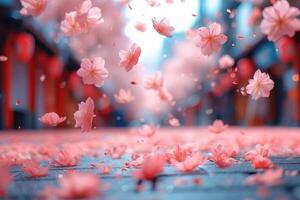 ai gegenereerd bloemblad bloemen confetti vallend van een helder blauw lucht Aan een herfst of voorjaar professioneel fotografie foto