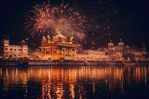 ai gegenereerd gouden tempel gewijd door vuurwerk foto