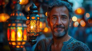 ai gegenereerd een Arabisch lantaarn is gehouden door een moslim Mens tegen een Ramadan kareem achtergrond foto
