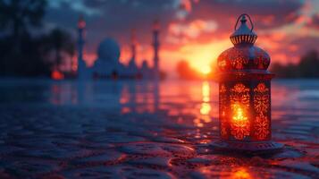 ai gegenereerd een feestelijk groet kaart, uitnodiging voor Ramadan kareem, met een sier- Arabisch lantaarn met een brandend kaars gloeiend tegen een nacht moskee achtergrond. foto