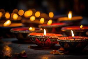 ai gegenereerd gelukkig diwali - diya lampen lit gedurende viering foto