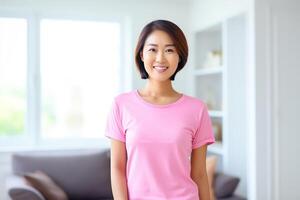 ai gegenereerd een gelukkig vrouw in een roze t-shirt met een lint foto