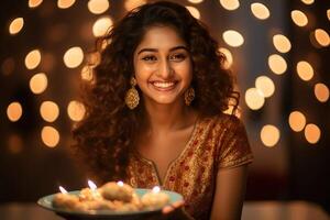 ai gegenereerd jong mooi Indisch vrouw Bij diwali viering foto