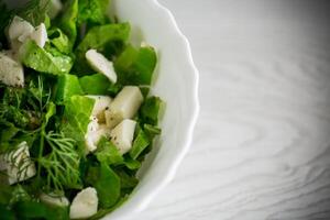 vers groen sla salade met Mozzarella en kruiden in een kom foto