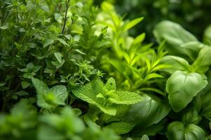 ai gegenereerd van de natuur apotheek detailopname van biologisch kruid tuin weelderig groen goedheid foto