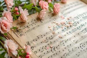 ai gegenereerd musical vrouwelijkheid omhelzing delicaat tonen met bloemen en kant vel muziek- achtergrond foto