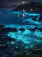 ai gegenereerd de Cornish kust bioluminescent zee. vrij downloaden foto