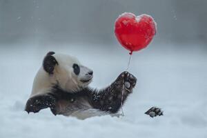 ai gegenereerd een panda beer Holding een rood hart vormig ballon foto