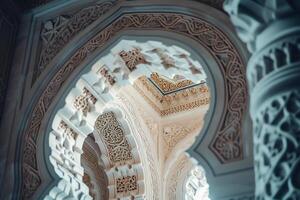 ai gegenereerd ingewikkeld details van een moskee interieur en zacht natuurlijk licht foto