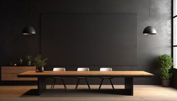 ai gegenereerd modern interieur ontwerp kantoor hal met conferentie tafel, houten verdieping en donker muur achtergrond foto