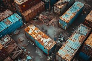 ai gegenereerd lading veelkleurig oud containers met corrosie in bewolkt weer foto