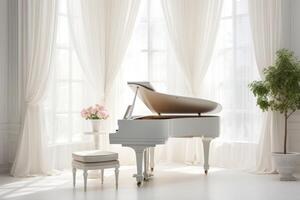 ai gegenereerd piano in een wit kamer in klassiek stijl met een houten vloer, wit gordijnen Aan de ramen en een stoel foto
