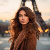 ai gegenereerd mooi vrouw met lang gekruld haar- Aan de achtergrond van de eiffel toren foto