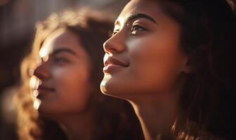 ai gegenereerd profiel portret van twee glimlachen vrouw gezichten foto