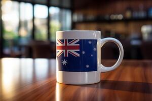 ai gegenereerd Australisch vlag mok Aan houten tafel foto