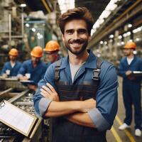 ai gegenereerd gelukkig glimlachen mannetje fabriek arbeider poseren binnen een fabriek voor een fotoshoot foto