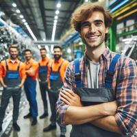 ai gegenereerd gelukkig glimlachen mannetje fabriek arbeider poseren binnen een fabriek voor een fotoshoot foto