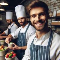 ai gegenereerd mannetje chef en vrouw chef werken binnen een restaurant glimlachen poseren voor fotoshoot foto