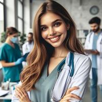 ai gegenereerd mooi glimlachen vrouw dokter glimlachen voor een fotoshoot in ziekenhuis foto