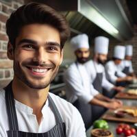 ai gegenereerd mannetje chef en vrouw chef werken binnen een restaurant glimlachen poseren voor fotoshoot foto