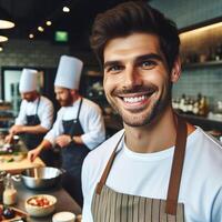 ai gegenereerd mannetje chef en vrouw chef werken binnen een restaurant glimlachen poseren voor fotoshoot foto