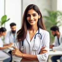 ai gegenereerd mooi glimlachen vrouw dokter glimlachen voor een fotoshoot in ziekenhuis foto