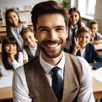 ai gegenereerd knap mannetje professor leraar met studenten poseren voor fotoshoot foto