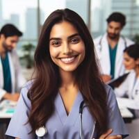 ai gegenereerd mooi glimlachen vrouw dokter glimlachen voor een fotoshoot in ziekenhuis foto