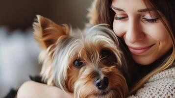 ai gegenereerd een jong mooi vrouw voorzichtig knuffels haar yorkshire terriër hond foto