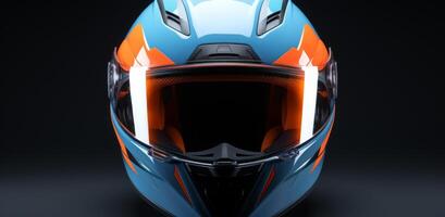 ai gegenereerd een racing helm met een wit, oranje, en licht blauw helm foto