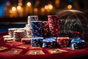 ai gegenereerd een casino met casino chips Aan top van een tafel foto