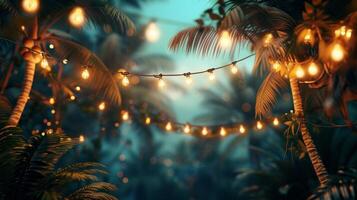 ai gegenereerd tropisch nacht zomer partij advertentie achtergrond. palm bomen, licht lamp slingers, en ruim tekst Oppervlakte foto
