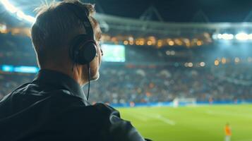 ai gegenereerd commentator voor de laatste Amerikaans voetbal bij elkaar passen foto