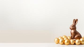 ai gegenereerd mooi minimalistisch Pasen achtergrond met chocola konijn en gouden Pasen eieren met groot copyspace Oppervlakte foto
