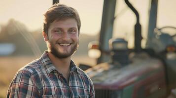 ai gegenereerd portret van een knap jong boer in een plaid overhemd glimlachen op zoek Bij de camera staat in de buurt zijn groot trekker foto