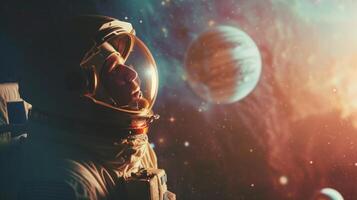 ai gegenereerd de portret van een eenzaam astronaut is Aan de links van de kader foto